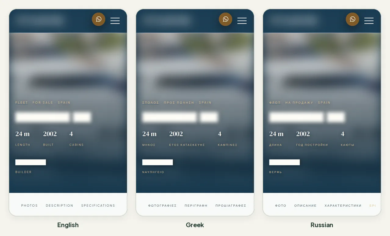 The same live listing page in English, Greek and Russian, with the brokerage's name, logo, yacht name and photos hidden